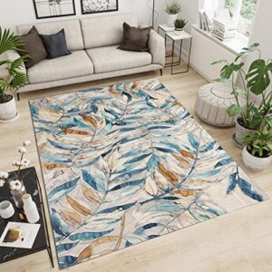 vintage autumn maple leaf area rugs, blue yellow leaves watercolor rugs for living room, anti-skid machine washable low pile throw rug for entryway kitchen kids bedroom living room, 2x3ft
