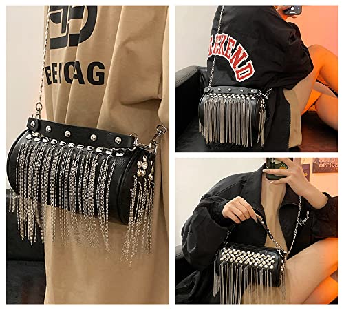 Primila Rhinestone Crossbody Handbag Clutch Fringe Rhinestone Purse Top Handle Rivet Tote Shoulder Punk Party Club Bag (Black,Small)
