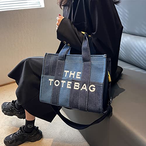 Denim Tote Bags for Women Handbag Tote Purse with Zipper Denim Crossbody Bag for Office, Travel, School