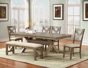 roundhill furniture raven wood 6-piece set, extendable trestle dining table with 4 chairs and bench, glazed pine brown