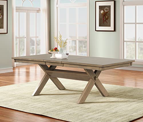 Roundhill Furniture Raven Wood 6-Piece Set, Extendable Trestle Dining Table with 4 Chairs and Bench, Glazed Pine Brown