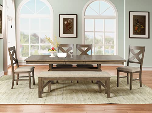 Roundhill Furniture Raven Wood 6-Piece Set, Extendable Trestle Dining Table with 4 Chairs and Bench, Glazed Pine Brown