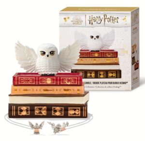 charmed aroma harry potter hedwig scented candle and jewelry tray with surprise necklace inside, 925 sterling silver, jewelry candle for women, home décor | collectible |accessories gift