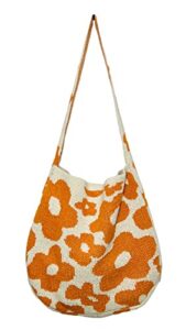 women knitted shoulder bag flower print messenger bag stylish vintage hobo bag large capacity knit tote bags