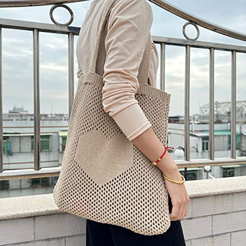 Crochet Tote Bag Fairycore Hobo Bag for Women Fairy Grunge Aesthetic Tote Bag Fairy Grunge Accessories (Beige)