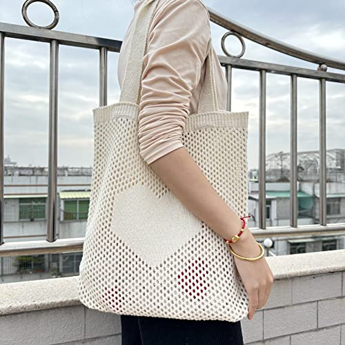 Crochet Tote Bag Fairycore Hobo Bag for Women Fairy Grunge Aesthetic Tote Bag Fairy Grunge Accessories (Beige)