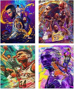 basketball super star graffiti canvas wall art prints posters stephen curry and lebron james and giannis antetokounmpo hd watercolor posters prints canvas wall art decor for boys room bedroom living room gym office home decoration,set of 4(8″x10″inches,un