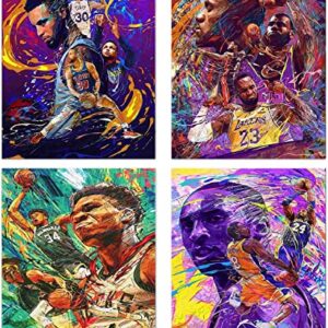 Basketball Super Star Graffiti Canvas Wall Art Prints Posters Stephen Curry and Lebron James and Giannis Antetokounmpo HD Watercolor Posters Prints Canvas Wall Art Decor for Boys Room Bedroom Living Room Gym Office Home Decoration,Set of 4(8"x10"Inches,Un