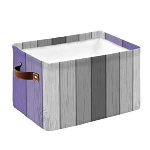 Rustic Wood Purple Cube Storage Organizer Bins with Handles,1PC Collapsible Canvas Cloth Fabric Storage Basket,Farmhouse Ombre Grey White Color Books Kids' Toys Bin Boxes for Shelves,Closet