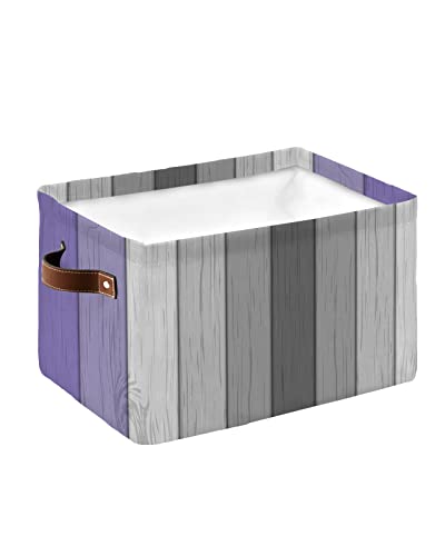 Rustic Wood Purple Cube Storage Organizer Bins with Handles,1PC Collapsible Canvas Cloth Fabric Storage Basket,Farmhouse Ombre Grey White Color Books Kids' Toys Bin Boxes for Shelves,Closet