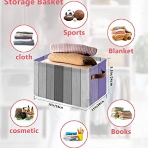 Rustic Wood Purple Cube Storage Organizer Bins with Handles,1PC Collapsible Canvas Cloth Fabric Storage Basket,Farmhouse Ombre Grey White Color Books Kids' Toys Bin Boxes for Shelves,Closet