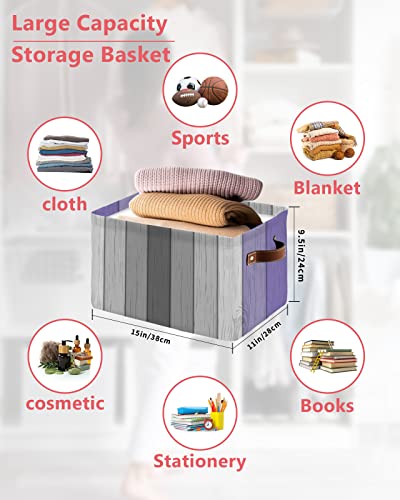 Rustic Wood Purple Cube Storage Organizer Bins with Handles,1PC Collapsible Canvas Cloth Fabric Storage Basket,Farmhouse Ombre Grey White Color Books Kids' Toys Bin Boxes for Shelves,Closet