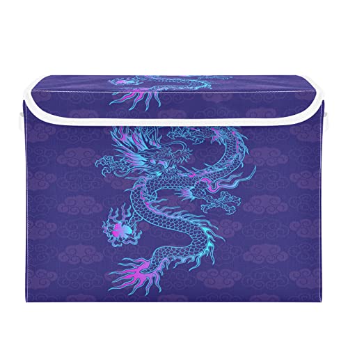 xigua Purple Chinese Dragon Storage Bins with Lids Foldable Large Cube Storage Boxes with Handles for Home Bedroom Closet Office (16.5x12.6x11.8 in)#40