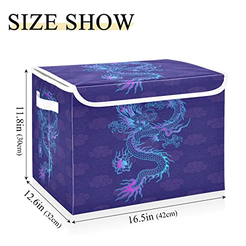 xigua Purple Chinese Dragon Storage Bins with Lids Foldable Large Cube Storage Boxes with Handles for Home Bedroom Closet Office (16.5x12.6x11.8 in)#40