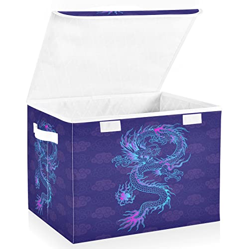 xigua Purple Chinese Dragon Storage Bins with Lids Foldable Large Cube Storage Boxes with Handles for Home Bedroom Closet Office (16.5x12.6x11.8 in)#40