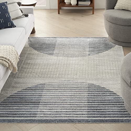 Nourison Astra Machine Washable Geometric Ivory Blue 6'7" x 9' Area -Rug, Easy -Cleaning, Non Shedding, Bed Room, Living Room, Dining Room, Kitchen (7x9)