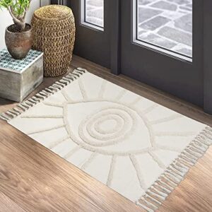 uphome boho bathroom rugs 2’x3′ beige evil eye tufted entryway mat with tassels soft machine washable cotton small rug modern minimalist accent throw rug for sink kitchen bedroom doorway