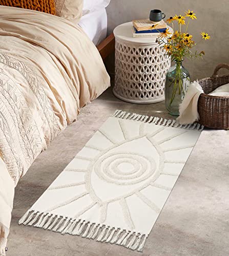 Uphome Boho Bathroom Rugs 2'x3' Beige Evil Eye Tufted Entryway Mat with Tassels Soft Machine Washable Cotton Small Rug Modern Minimalist Accent Throw Rug for Sink Kitchen Bedroom Doorway