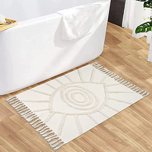 Uphome Boho Bathroom Rugs 2'x3' Beige Evil Eye Tufted Entryway Mat with Tassels Soft Machine Washable Cotton Small Rug Modern Minimalist Accent Throw Rug for Sink Kitchen Bedroom Doorway