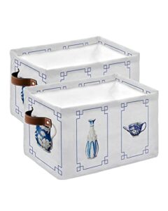 retro classic chinese porcelain art cube storage organizer bins with handles,2-pc 15x11x9.5 in collapsible canvas cloth fabric storage basket,rustic blue white floral flower toys bin boxes for shelves