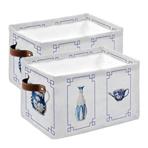 Retro Classic Chinese Porcelain Art Cube Storage Organizer Bins with Handles,2-PC 15x11x9.5 In Collapsible Canvas Cloth Fabric Storage Basket,Rustic Blue White Floral Flower Toys Bin Boxes for Shelves