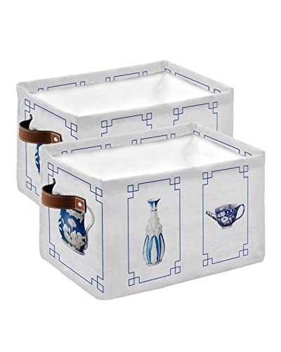 Retro Classic Chinese Porcelain Art Cube Storage Organizer Bins with Handles,2-PC 15x11x9.5 In Collapsible Canvas Cloth Fabric Storage Basket,Rustic Blue White Floral Flower Toys Bin Boxes for Shelves