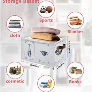 Retro Classic Chinese Porcelain Art Cube Storage Organizer Bins with Handles,2-PC 15x11x9.5 In Collapsible Canvas Cloth Fabric Storage Basket,Rustic Blue White Floral Flower Toys Bin Boxes for Shelves