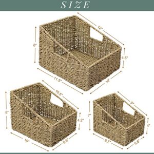 LOVSTORAGE Seagrass Wicker Storage Baskets, Hand-Woven Shelf Baskets with Handles, Nesting Wicker Basket Sets Woven Storage Baskets for Shelves, 3-Pack