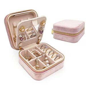 soddeph velvet jewelry box with mirror,mini travel jewelry case, plush jewelry travel case, small portable travel jewelry organizer, gift for women girls (prism pink)