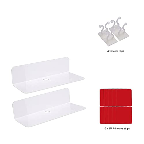 Acrylic Floating Wall Shelves, Damage-Free Expand Wall Space, Small Display Shelf for Smart Speaker/Action Figures with Cable Clips, Bluetooth Speaker, Webcam, Phone Stand (White)