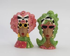 fine ceramic dollymamas african american black fashion lady with sunglasses salt & pepper shakers set, 4-3/8″ h