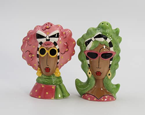 Fine Ceramic Dollymamas African American Black Fashion Lady with Sunglasses Salt & Pepper Shakers Set, 4-3/8" H