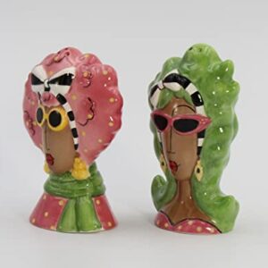 Fine Ceramic Dollymamas African American Black Fashion Lady with Sunglasses Salt & Pepper Shakers Set, 4-3/8" H