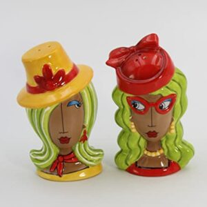 Fine Ceramic Dollymamas African American Black Fashion Lady with Hats Salt & Pepper Shakers Set, 4-1/2" H