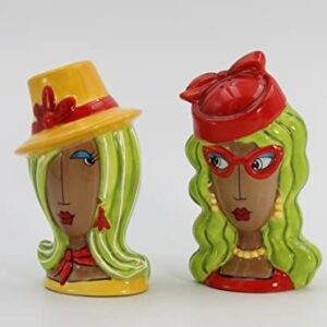 Fine Ceramic Dollymamas African American Black Fashion Lady with Hats Salt & Pepper Shakers Set, 4-1/2" H