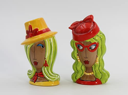 Fine Ceramic Dollymamas African American Black Fashion Lady with Hats Salt & Pepper Shakers Set, 4-1/2" H