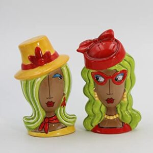 Fine Ceramic Dollymamas African American Black Fashion Lady with Hats Salt & Pepper Shakers Set, 4-1/2" H