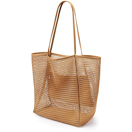 Sibalasi Beach Mesh Tote Bag With Zipper Casual Tote Bag Hobo Women Foldable Shoulder Bag For Beach Picnic Vacation (Khaki)