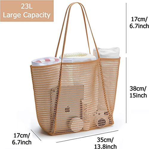 Sibalasi Beach Mesh Tote Bag With Zipper Casual Tote Bag Hobo Women Foldable Shoulder Bag For Beach Picnic Vacation (Khaki)