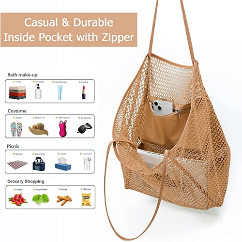 Sibalasi Beach Mesh Tote Bag With Zipper Casual Tote Bag Hobo Women Foldable Shoulder Bag For Beach Picnic Vacation (Khaki)