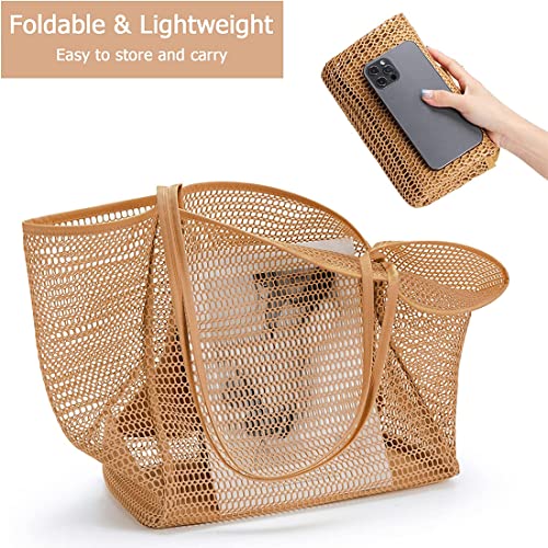 Sibalasi Beach Mesh Tote Bag With Zipper Casual Tote Bag Hobo Women Foldable Shoulder Bag For Beach Picnic Vacation (Khaki)