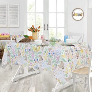 home bargains plus easter fun fabric tablecloth, bunny rabbit, easter egg and chicks print stain and wrinkle resistant spring tablecloth, 52” x 52” square