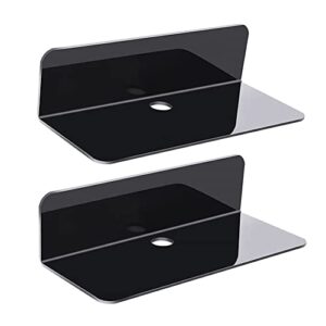 acrylic floating wall shelves 2 pcs, damage-free expand wall space, small display shelf for smart speaker/action figures with cable clips, bluetooth speaker, webcam, phone stand (black)