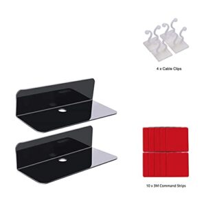 Acrylic Floating Wall Shelves 2 pcs, Damage-Free Expand Wall Space, Small Display Shelf for Smart Speaker/Action Figures with Cable Clips, Bluetooth Speaker, Webcam, Phone Stand (Black)