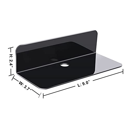 Acrylic Floating Wall Shelves 2 pcs, Damage-Free Expand Wall Space, Small Display Shelf for Smart Speaker/Action Figures with Cable Clips, Bluetooth Speaker, Webcam, Phone Stand (Black)