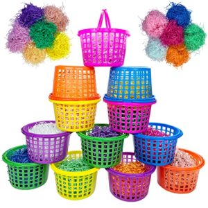 12pcs plastic easter egg baskets with handles for kids – 120g easter grass stuffers for easter baskets bulk hunting,colorful round easter baskets empty set for toddler boys girls for festival party