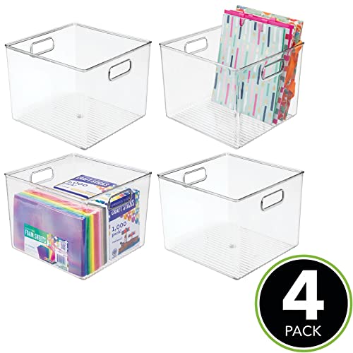 mDesign Small Modern Plastic Storage Organizer Bin Basket with Handles for Craft Room Organization - Shelf, Cubby, Cabinet, and Closet Organizing Decor - Ligne Collection - 4 Pack - Clear