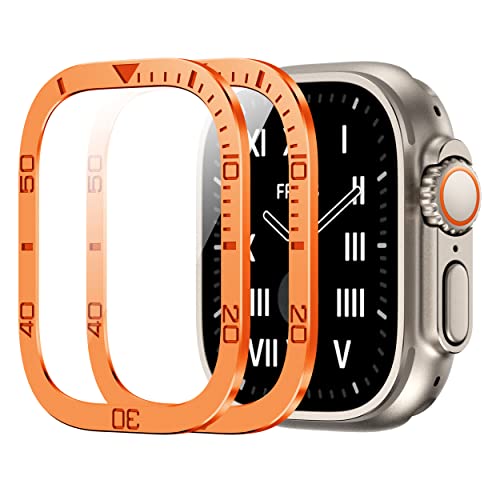 2 Pack Orange Rugged Metal Case Compatible with Apple Watch Ultra 49mm Case with Tempered Glass Screen Protector, Bezel Ring Frame Built in Clear Film for iWatch Ultra 49mm