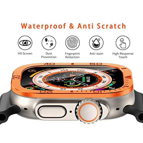 2 Pack Orange Rugged Metal Case Compatible with Apple Watch Ultra 49mm Case with Tempered Glass Screen Protector, Bezel Ring Frame Built in Clear Film for iWatch Ultra 49mm