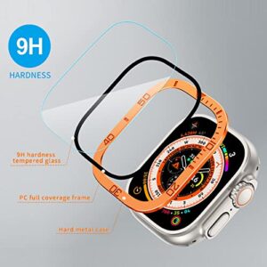 2 Pack Orange Rugged Metal Case Compatible with Apple Watch Ultra 49mm Case with Tempered Glass Screen Protector, Bezel Ring Frame Built in Clear Film for iWatch Ultra 49mm
